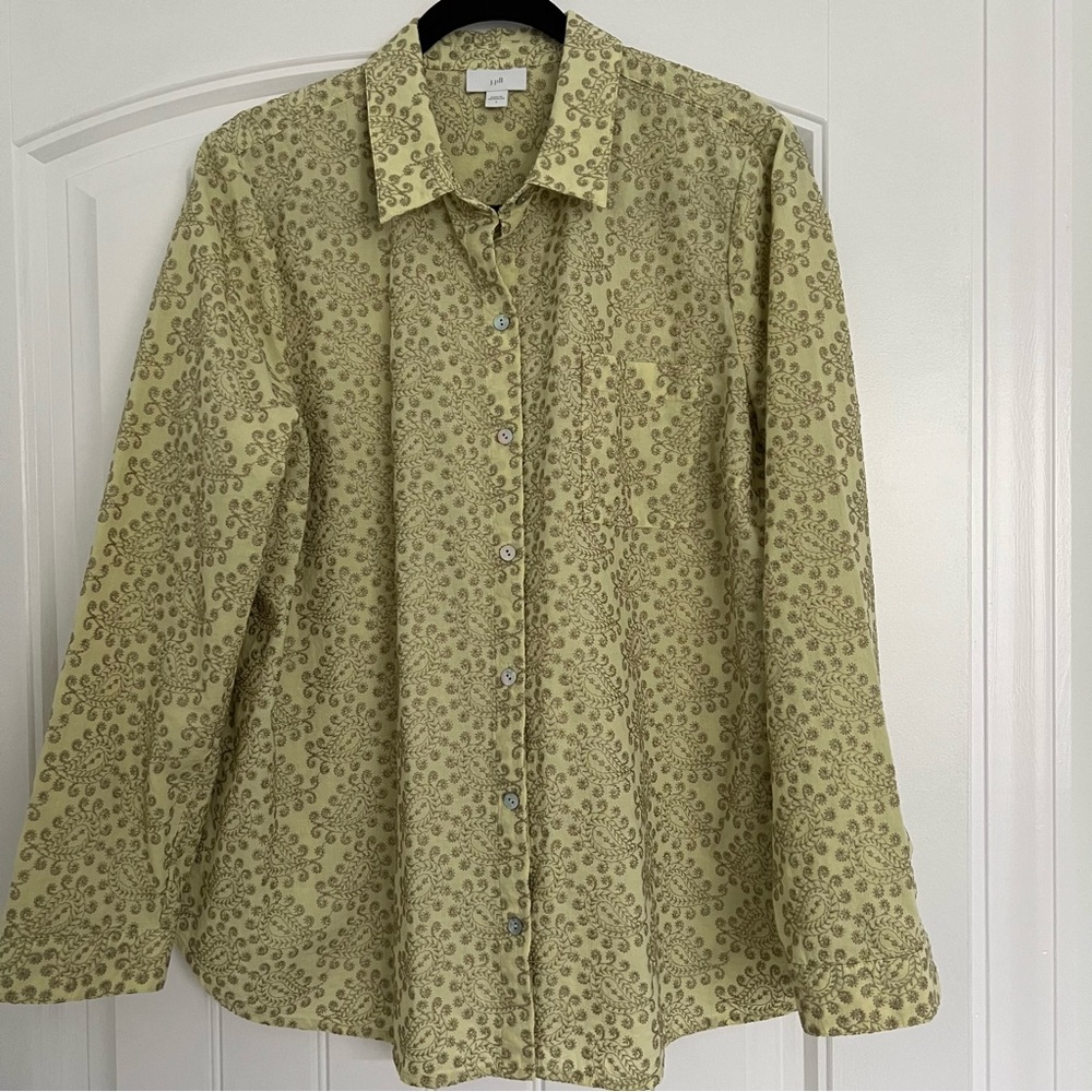 J. Jill Women’s Embroidered Floral Paisley Button Down Shirt Sage Green
